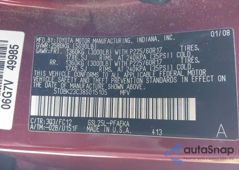 2008 Toyota Sienna Le из США, поврежденный, VIN 5TDBK23C38S015105